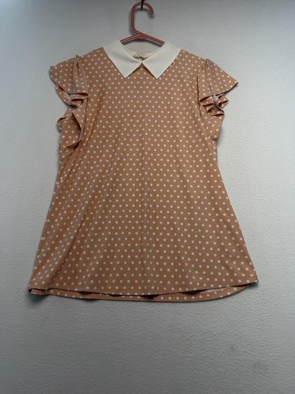 Faith and Joy Blush Polka Dot Collared Top S Ruffle Cap Sleeve Feminine Office
